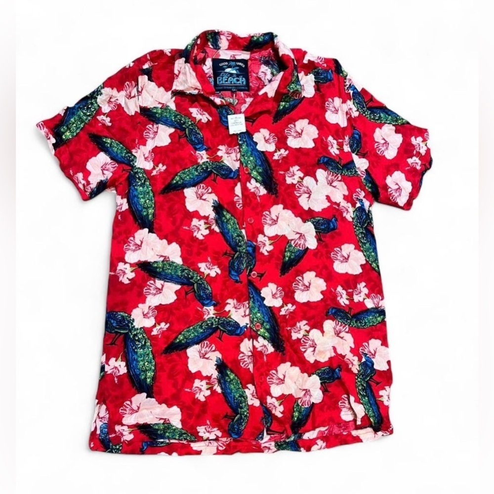 Mens NWT Red Peacock Hawaiian Men's Casual Button Down Shirt Size Large Vacation